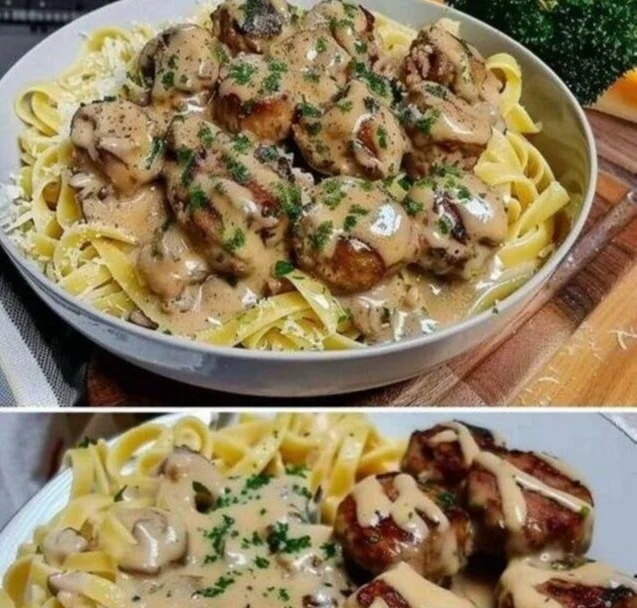 Tagliatelle mit Pilzsauce und Fleischbällchen auf einem Teller angerichtet.