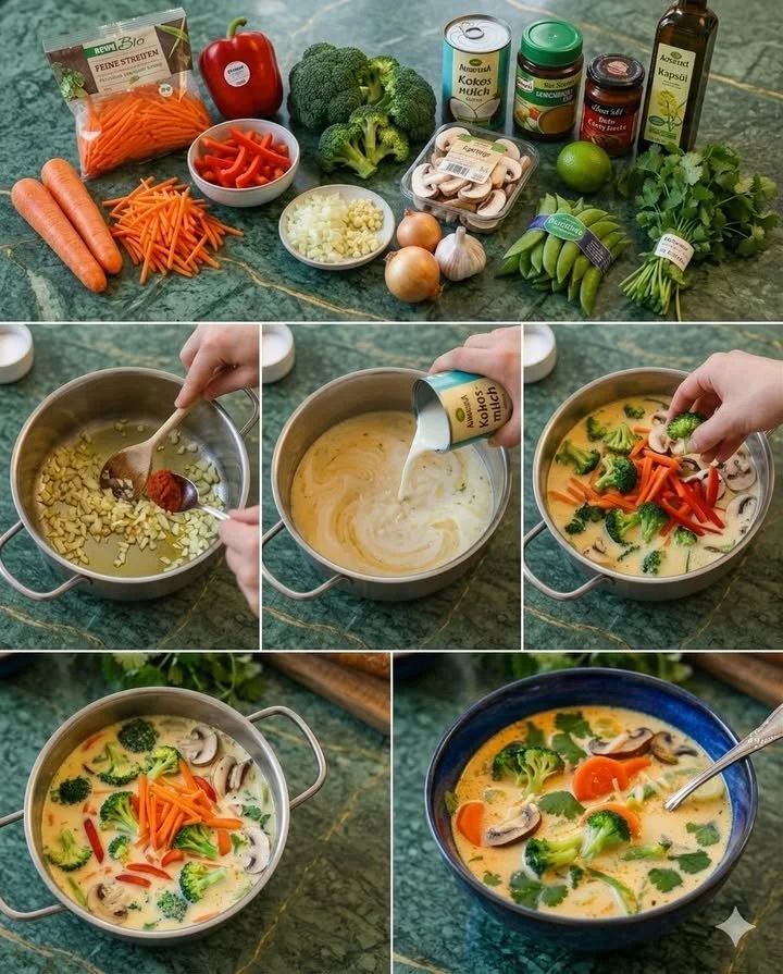Schale mit frischer Thai-Kokos-Suppe, serviert mit Kräutern und Gewürzen.