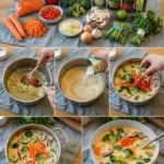 Schüssel mit thailändischer Kokosnuss-Suppe und Gemüse
