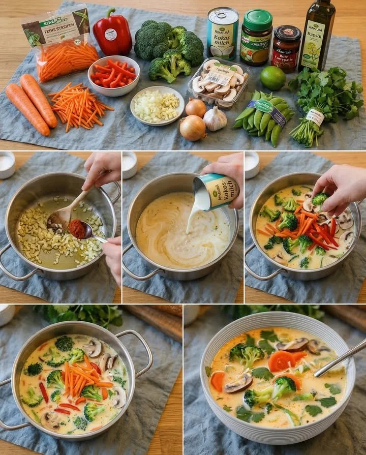 Schüssel mit thailändischer Kokosnuss-Suppe und Gemüse