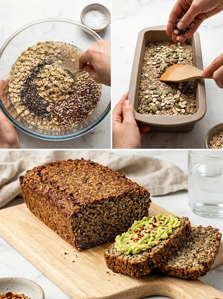 Scheiben von mehlfreiem Oat Chia Bread auf einem Holzbrett