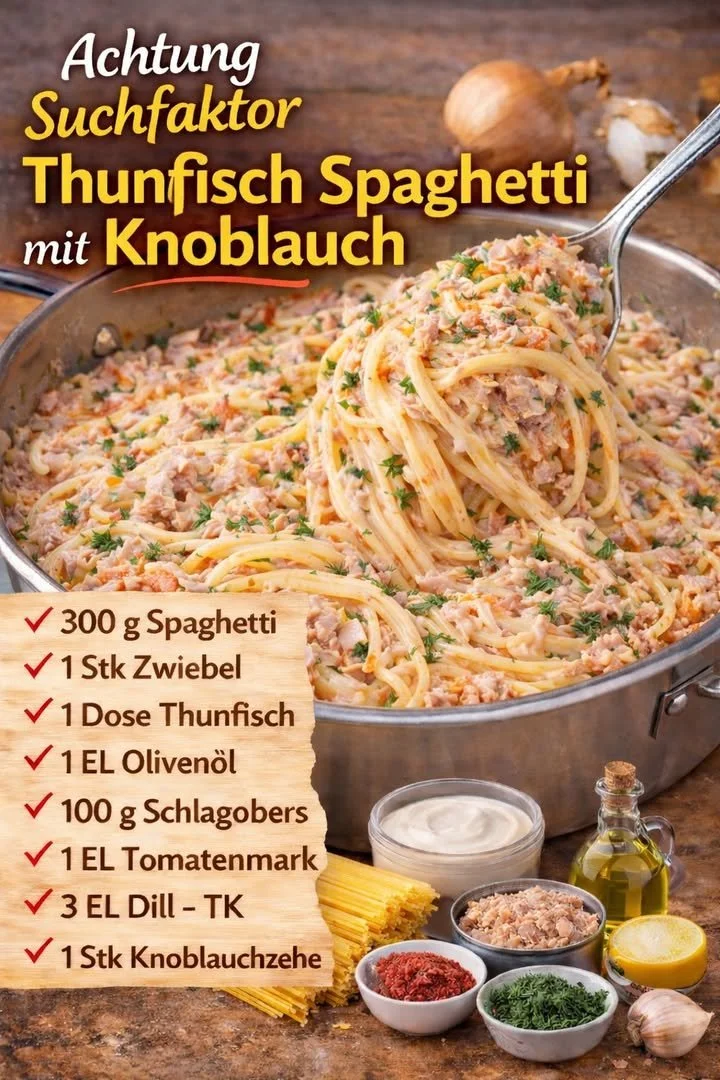 Thunfisch Spaghetti mit Knoblauch auf einem Teller serviert