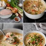 Schüssel mit Tom Kha Gai Suppe, einer beliebten Thai-Spezialität mit Hähnchen und Kokosmilch.
