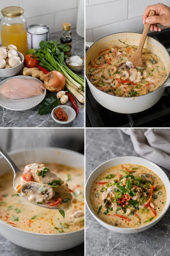 Schüssel mit Tom Kha Gai Suppe, einer beliebten Thai-Spezialität mit Hähnchen und Kokosmilch.