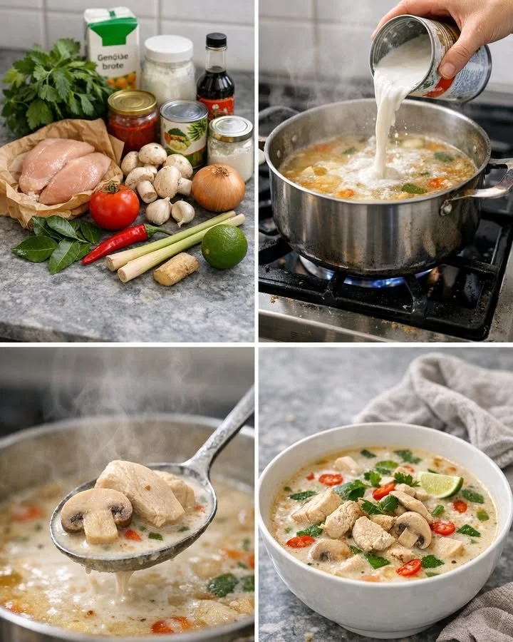 Schüssel mit Tom Kha Gai Suppe, thailändisches Rezept mit Huhn und Kokosmilch