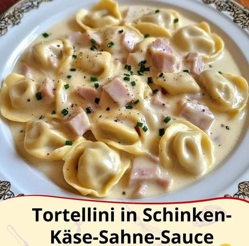 Tortellini in einer cremigen Schinken-Käse-Sahne-Sauce.