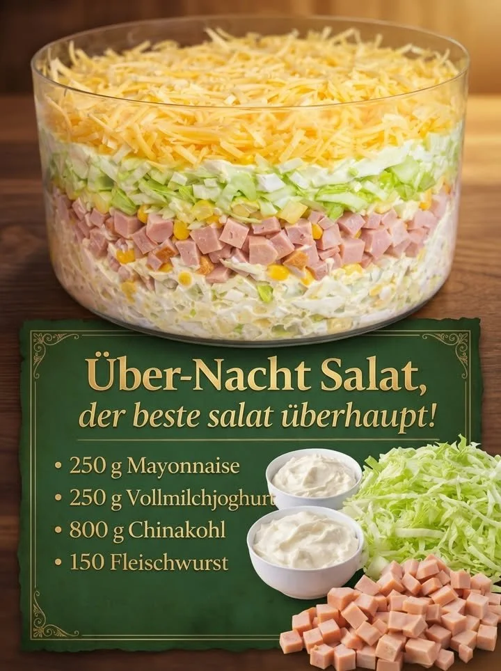 Leckere Über-Nacht-Salat-Zutaten in einer Schüssel angerichtet