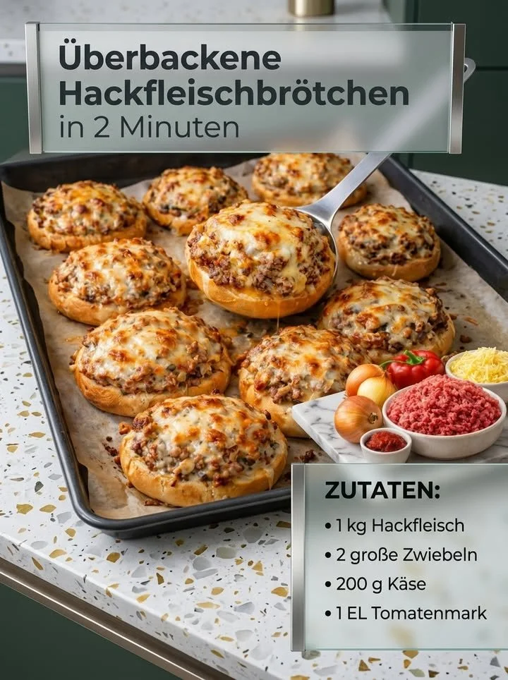 Überbackene Hackfleischbrötchen frisch aus dem Ofen serviert.