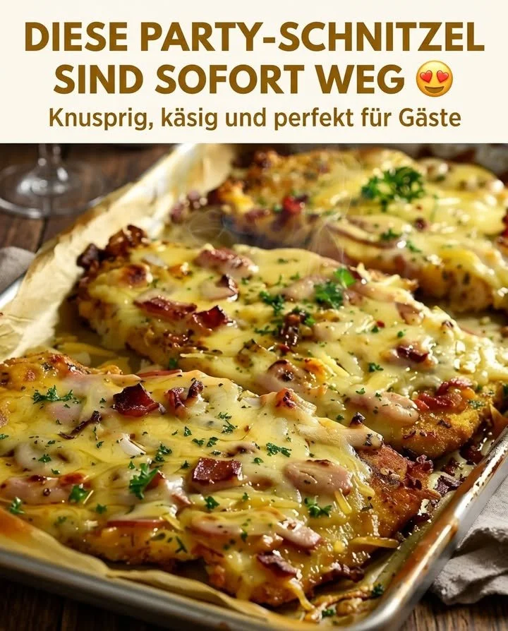 Überbackene Partyschnitzel mit Käse und Gewürzen in einem Backblech