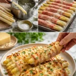 Überbackene Spargelröllchen mit Käse und Schinken, ein köstliches Rezept.
