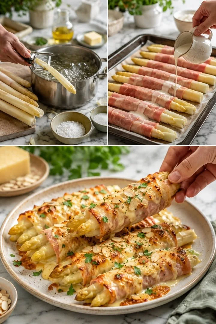 Überbackene Spargelröllchen mit Käse und Schinken, ein köstliches Rezept.
