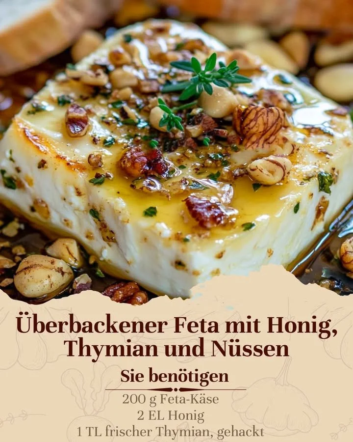 Überbackener Feta mit Honig serviert auf einem Teller