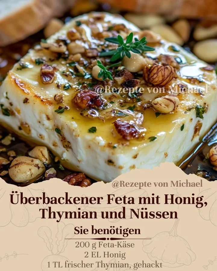 Überbackener Feta mit Honig, Thymian und Nüssen, appetitlich angerichtet.