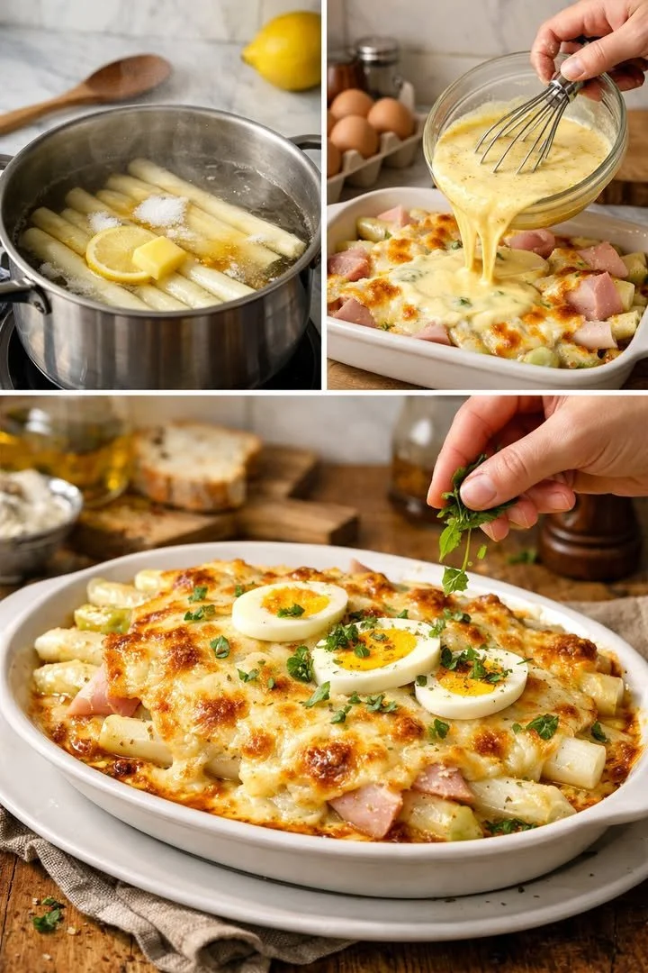 Überbackener Spargel mit Käse und Ei auf einem weißen Teller