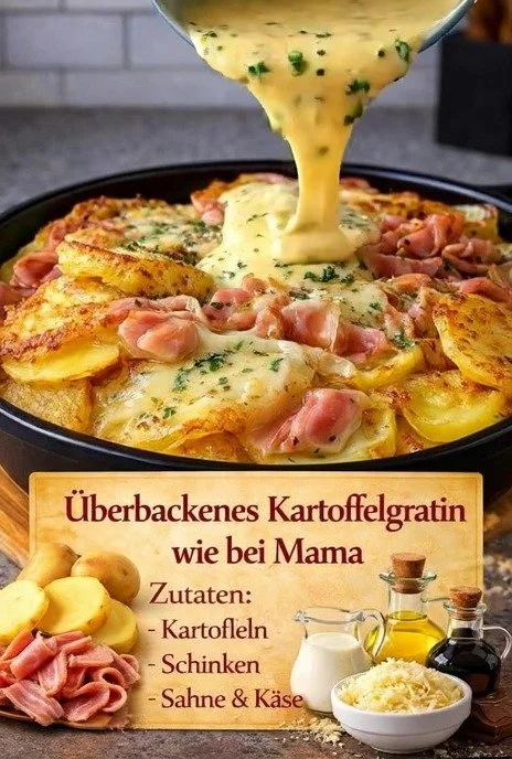 Leckeres überbackenes Kartoffelgratin nach Mama's Rezept, frisch aus dem Ofen