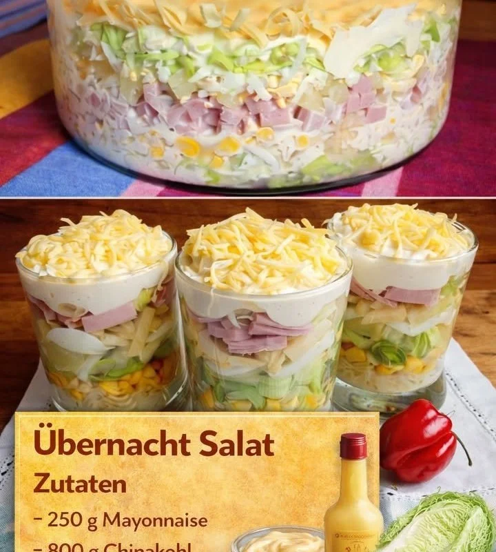 Bunte Übernacht Salat-Schüssel mit frischem Gemüse und Dressing.