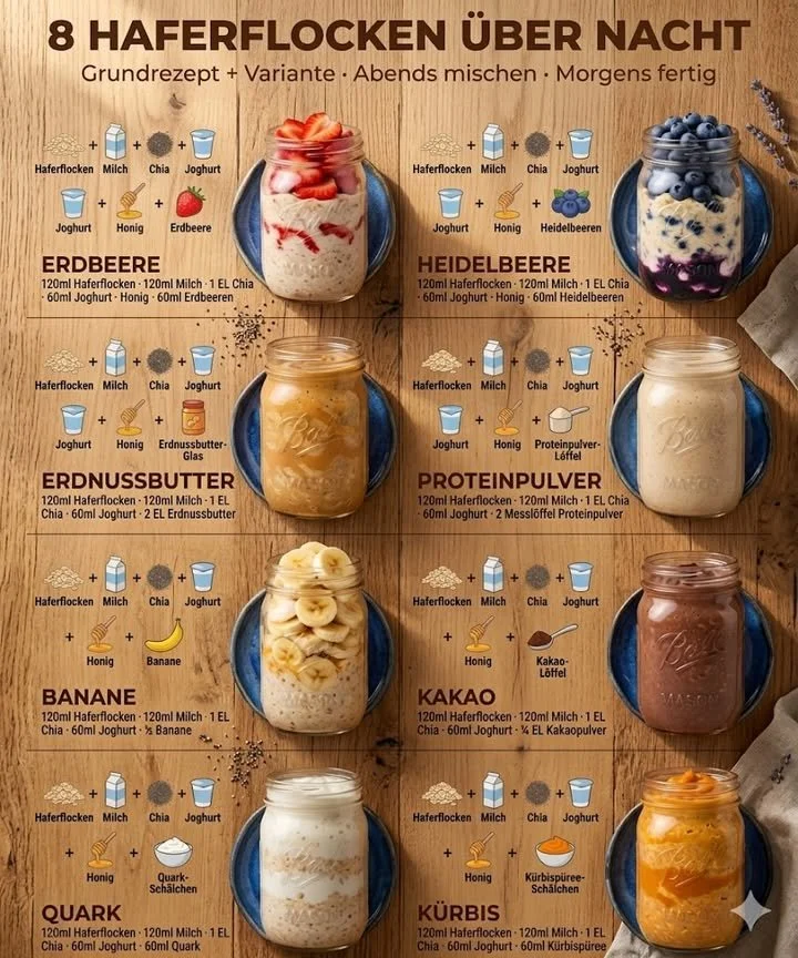 Schüssel mit Übernachtungs-Haferflocken in verschiedenen Variationen