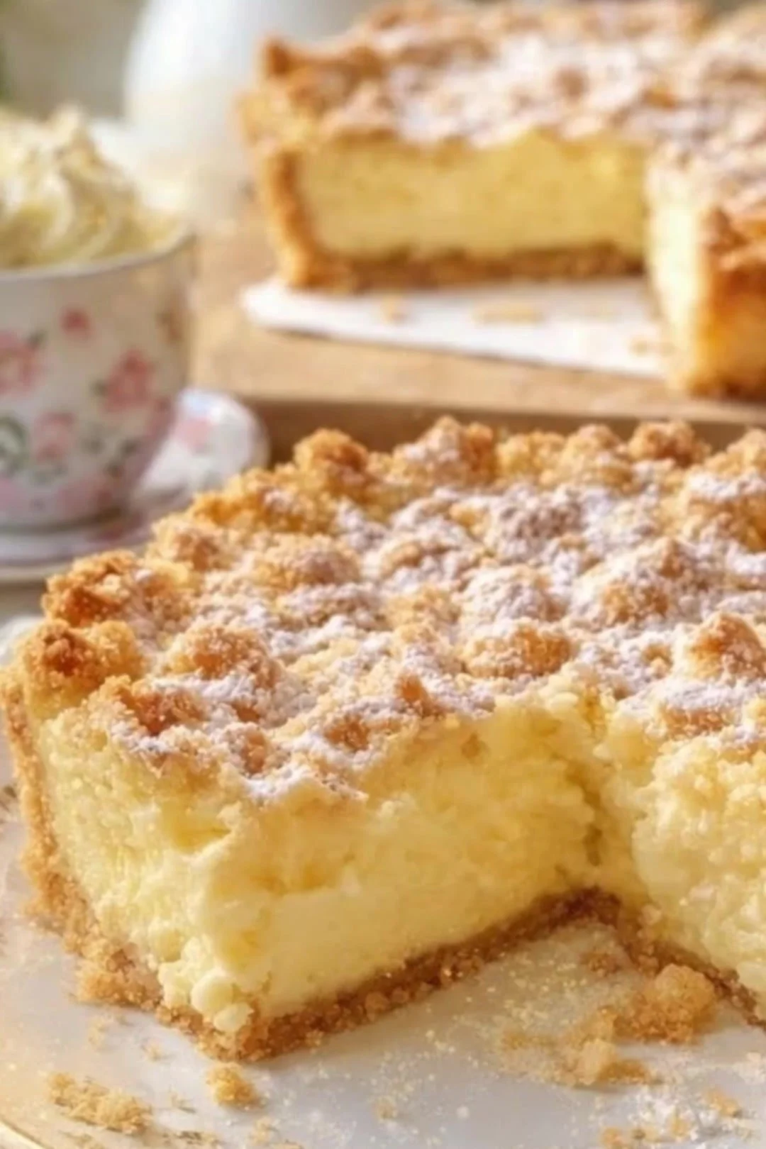 Vanille-Puddingkuchen mit knusprigen Streuseln auf einem Teller