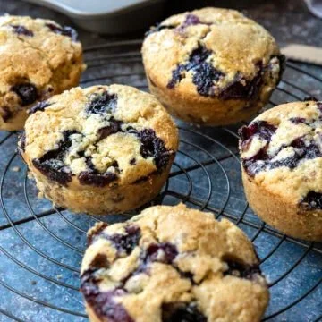 Vegane Blaubeermuffins mit frischen Blaubeeren auf einem Teller.