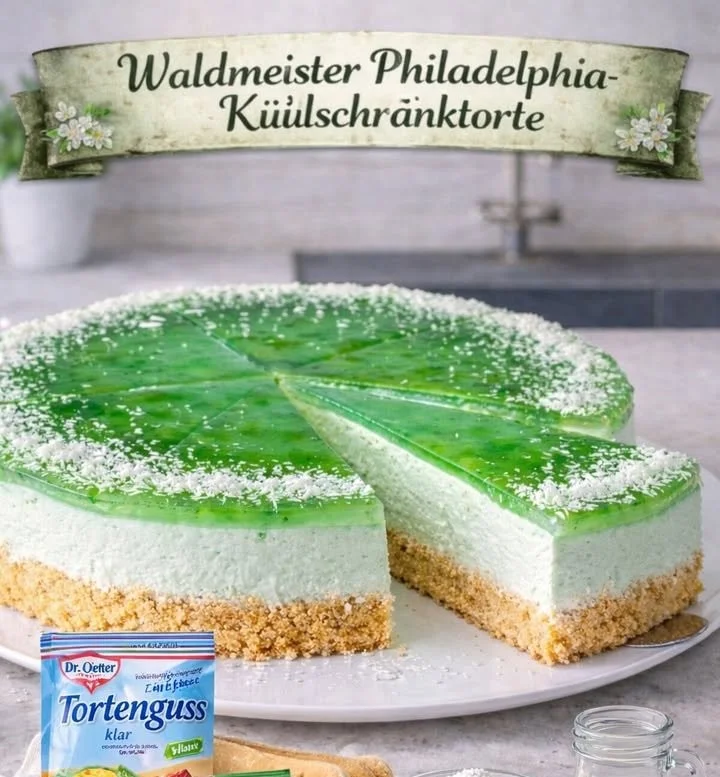 Waldmeister Frischkäse Traumtorte auf einem elegant gedeckten Tisch