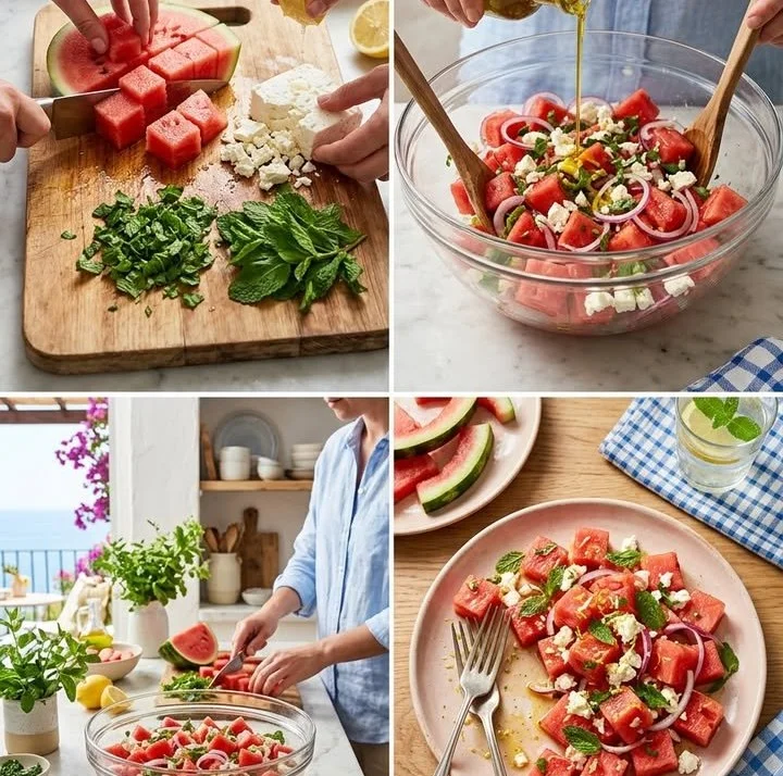 Erfrischender Wassermelonen-Feta-Salat mit Minze auf einem Teller
