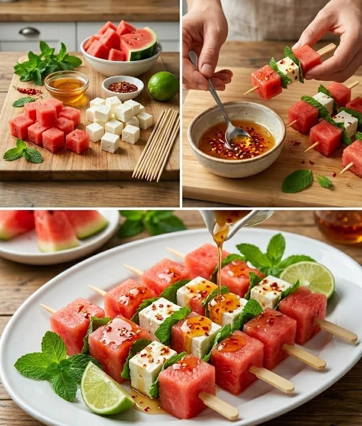 Wassermelonen-Feta-Spieße mit Honig-Chili-Topping auf einem Teller