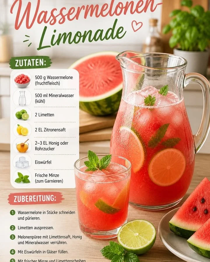 Glas frischer Wassermelonen-Limonade auf einem Tisch mit Sommerdekorationen