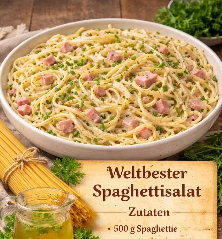 Leckerer Spaghettisalat mit frischen Zutaten serviert