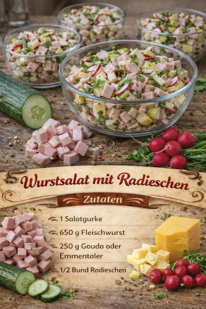 Wurst-Käse-Salat mit Radieschen in einer Schüssel angerichtet