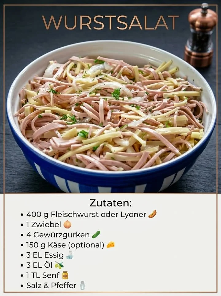 Frischer Wurstsalat mit verschiedenen Würstchen und Dressing