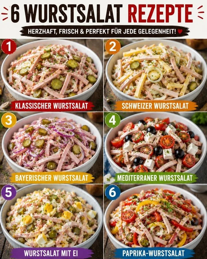 Verschiedene Wurstsalat-Rezepte auf einem Teller angerichtet.