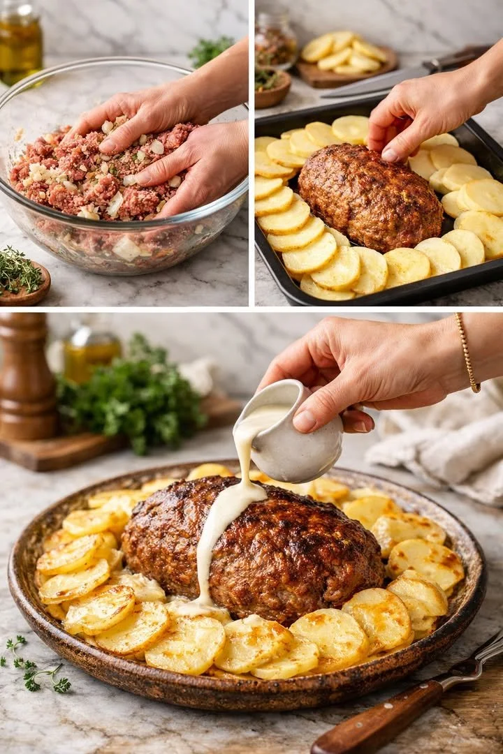 Zarter Hackbraten mit sahnigen Kartoffeln auf einem Teller angerichtet.