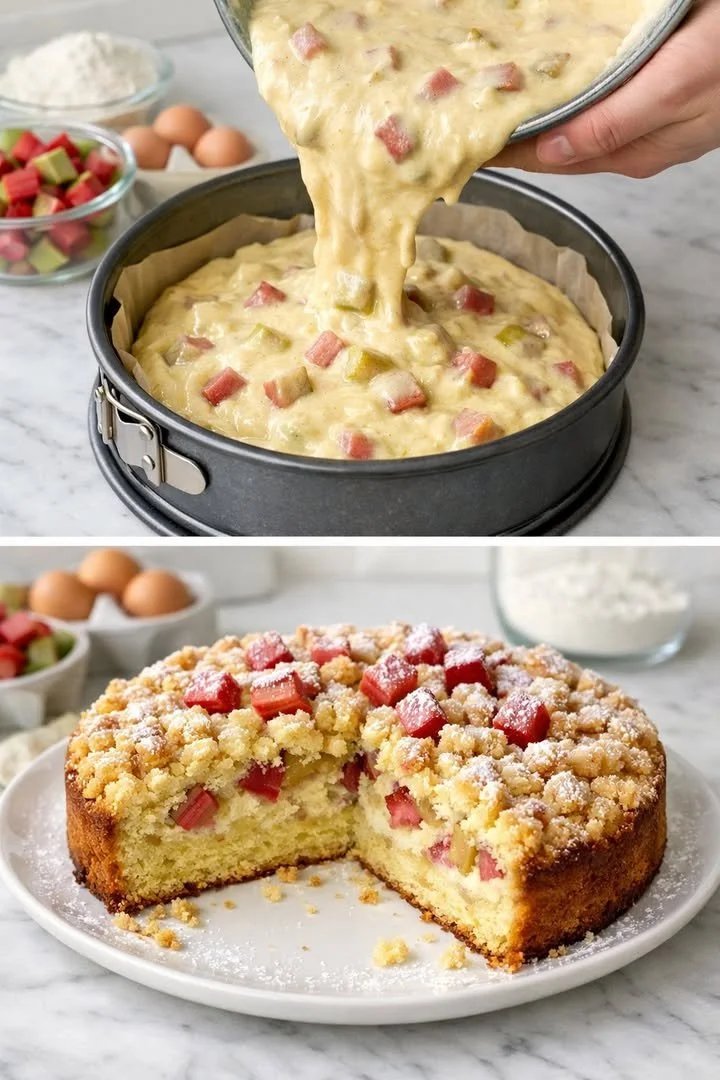 Zarter Rhabarberkuchen mit buttrigen Streuseln auf einem weißen Teller