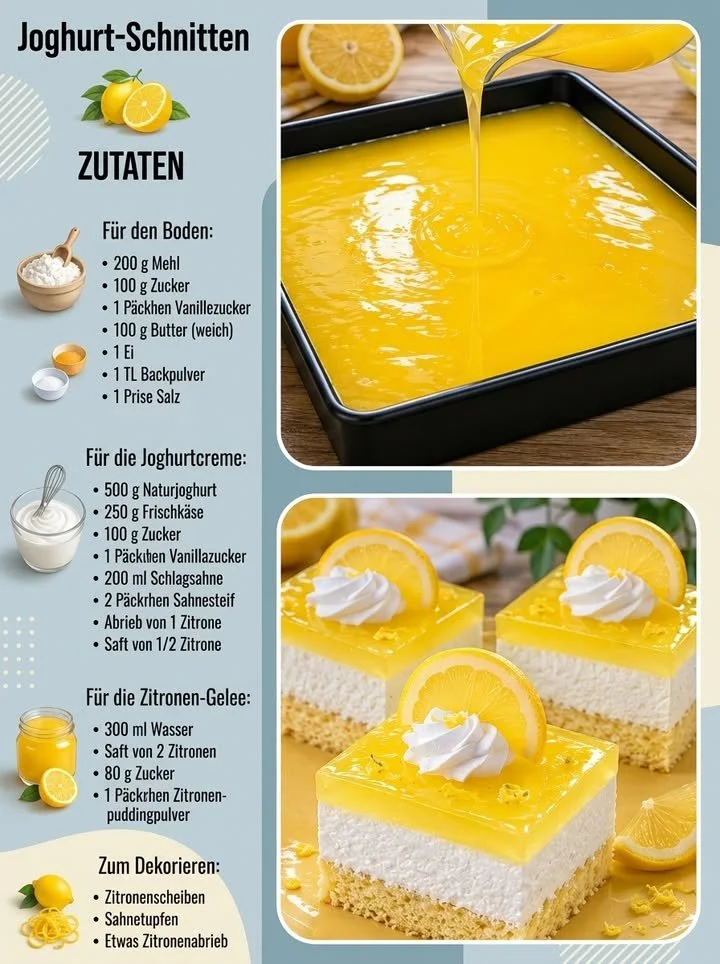 Zitronen-Joghurt-Schnitten auf einem Teller mit frischen Zitronenscheiben