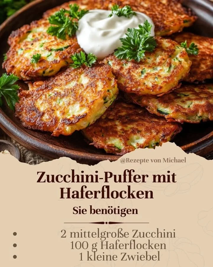 Zucchini-Puffer mit Haferflocken auf einem Teller serviert