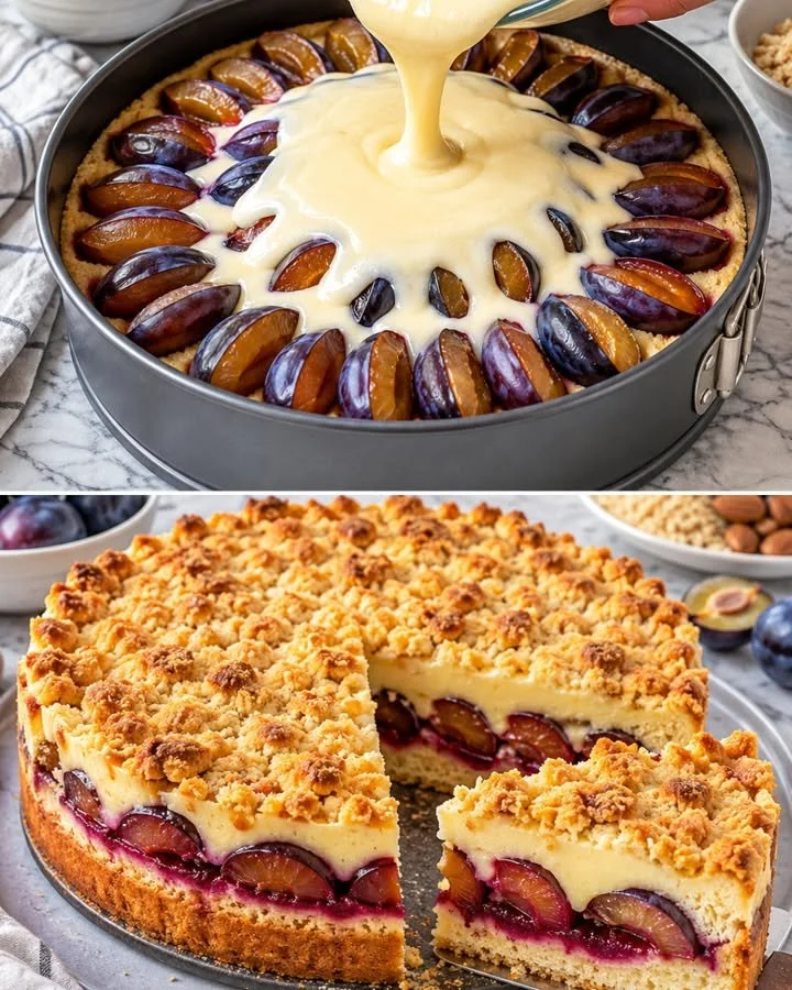 Hausgemachter Zwetschgen-Rahmkuchen mit frischen Zwetschgen und cremiger Füllung