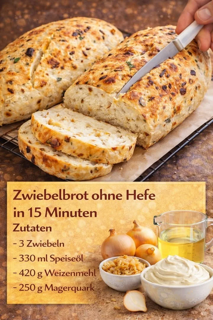 Zwiebel Quarkbrot ohne Hefe auf einem Holzbrett serviert