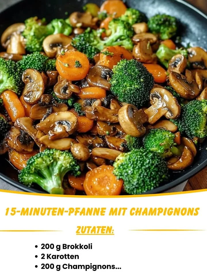 15-Minuten-Pfanne mit Champignons, Brokkoli und Karotten für schnelles Kochen