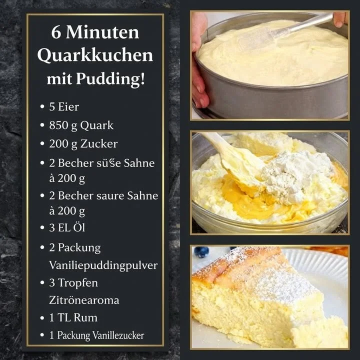 6-Minuten Quarkkuchen mit Vanillepudding auf einem Teller serviert