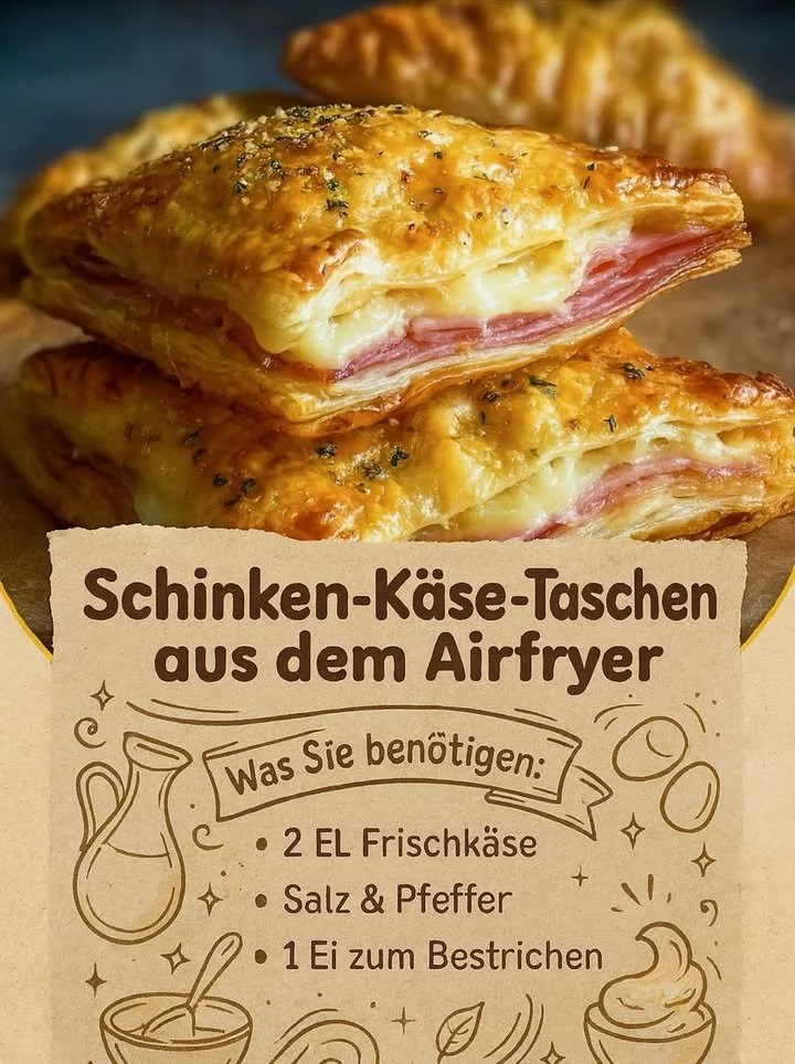 Luftfrittierte Schinken-Käse-Taschen aus dem Airfryer, knusprig und lecker.