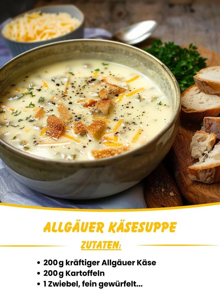 Schale mit dampfender Allgäuer Käsesuppe, garnierte mit frischen Kräutern