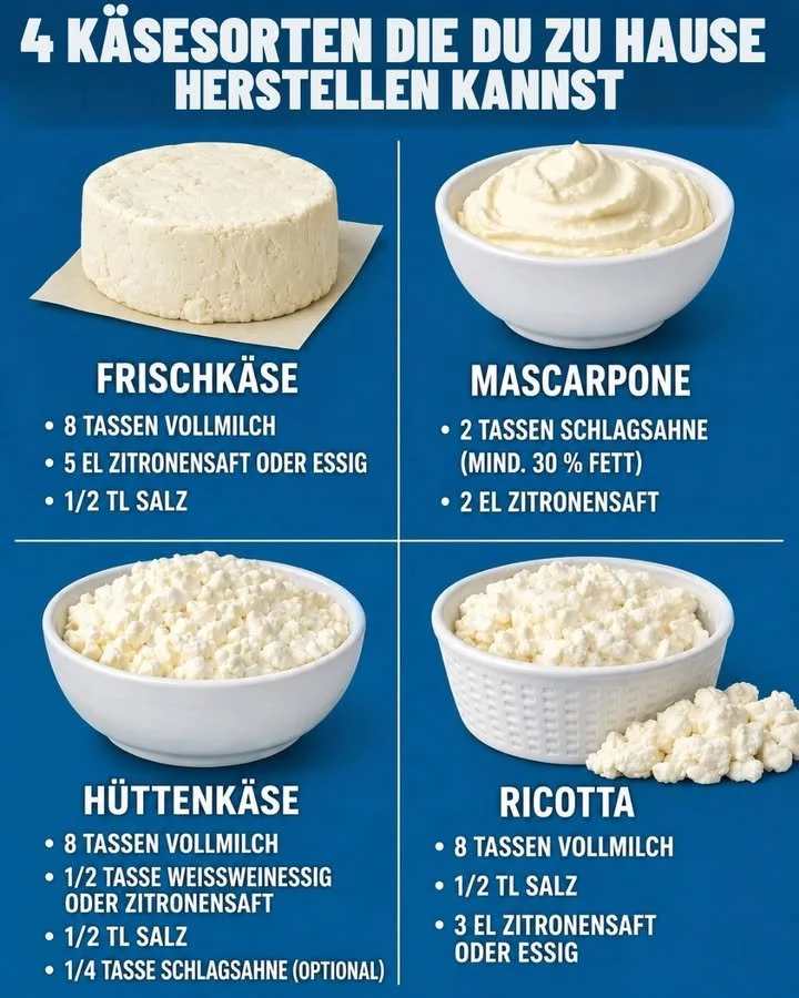 Verschiedene Arten von Frischkäse, darunter Ricotta, Mascarpone und Hüttenkäse