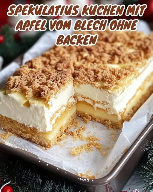 Apfel Spekulatius Kuchen vom Blech, einfach und ohne Backen zubereitet.