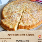 Apfelkuchen mit 3 Äpfeln auf einem Teller, frisch gebacken und verziert