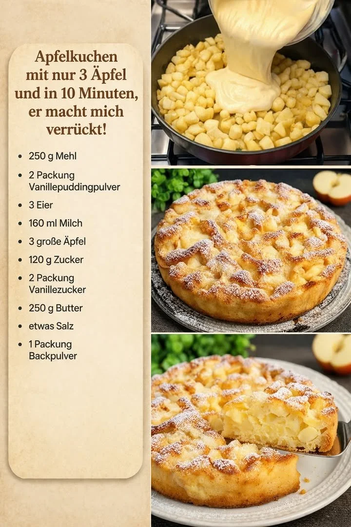 Leckerer Apfelkuchen mit nur 3 Äpfeln auf einem Teller serviert.