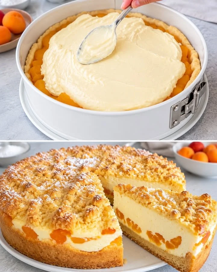 Leckerer Aprikosen-Käsekuchen mit fruchtiger Aprikosenfüllung und cremigem Käsebelag