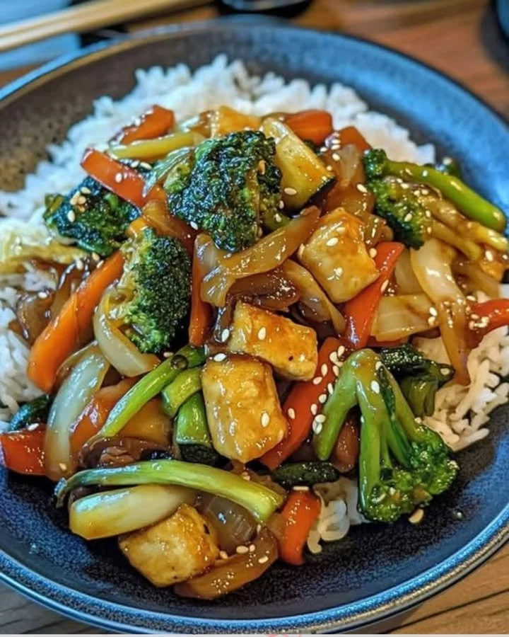 Asiatische Gemüsepfanne mit buntem Gemüse in einem Wok zubereitet.