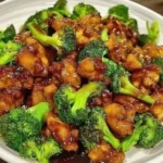 Asiatisches Brokkoli Hühnchen mit Gemüse auf einem Teller serviert