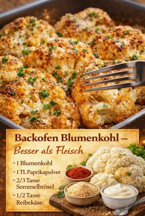 Leckerer Backofen Blumenkohl auf einem Teller, garniert mit frischen Kräutern.