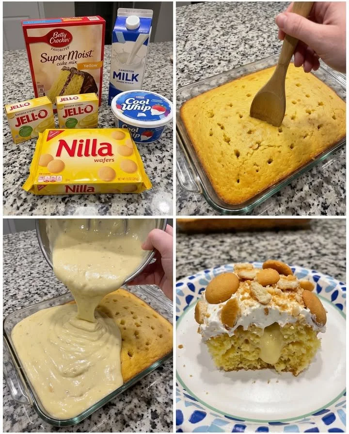 Bananenpudding-Poke-Kuchen mit frischen Bananen und Sahne